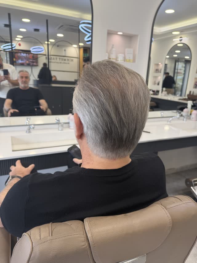 Gri saçta geriye taranmış klasik erkek kesimi, arkadan görünüm
